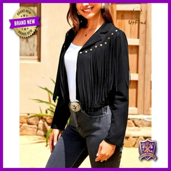 Faux Suede Fringe Jacket Cropped Western Motorcycle Style with Rivets